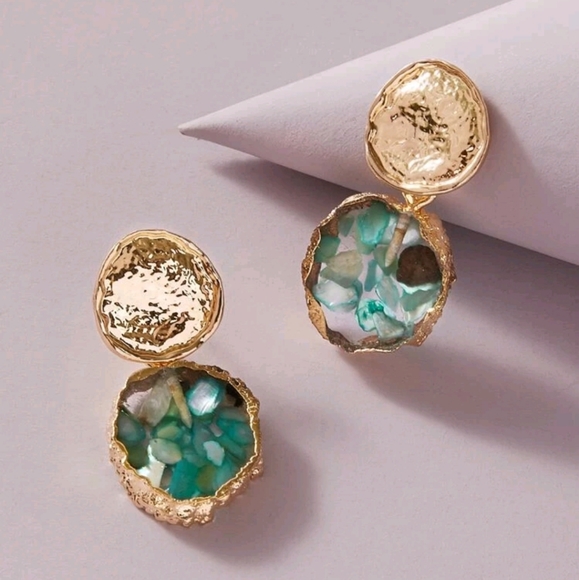 💖 Statement Gold teal green drop geometric women's earrings evening elegant - Picture 6 of 8